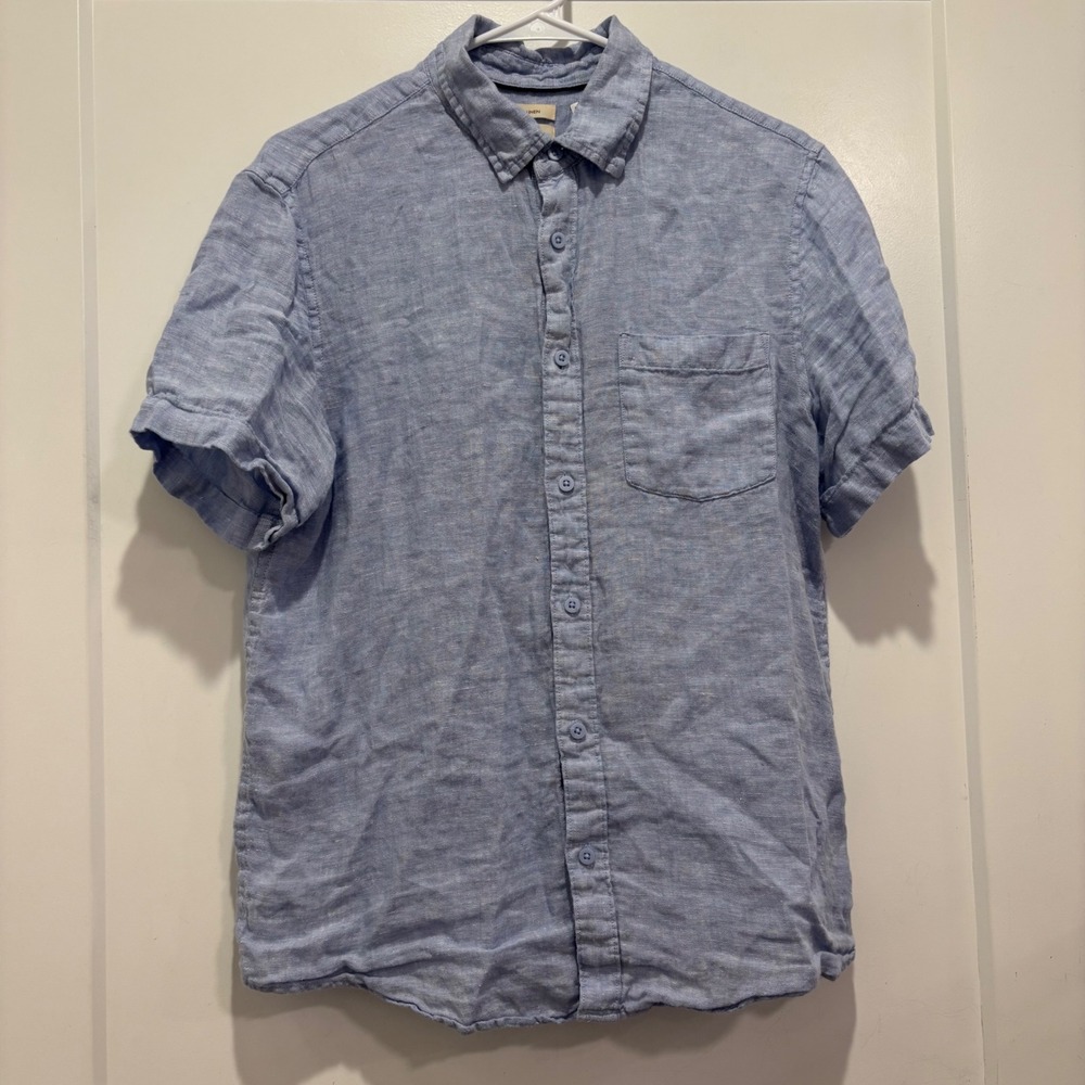 Panama Jack Mens Medium Blue 100% Linen Short Sleeve Button Down Shirt Pocket